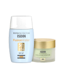 O produto é um protetor solar facial da marca ISDIN. O rótulo indica que é o "Fotoprotector ISDIN Fusion Water SPF 50+". Ao lado, há um pote de creme hidratante da mesma marca, com embalagem verde e tampa dourada.