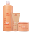 Produtos de tratamento capilar Wella Professionals da linha Nutri-Enrich com extrato de goji berry. Um shampoo de 1 litro. Uma máscara de tratamento intensivo de 500ml. Um creme de controle de frizz em tubo plástico bege de 150ml.