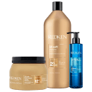 Produtos Redken incluem um frasco de shampoo All Soft, um pote de creme All Soft Heavy e um frasco do tratamento Extreme Play Safe 230°C, todos com embalagens em tons de dourado e azul.