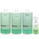 Conjunto de produtos de cabelo K.Pro da linha Veganíssima, incluindo shampoo, condicionador, acidificante e leave-in, em embalagens plásticas de cor verde clara com rótulos brancos.