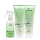 Três produtos da linha Veganíssima da marca K.Pro: shampoo, condicionador e leave-in em embalagens plásticas verdes com rótulos brancos e textos em inglês.