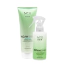 Dois produtos da marca K.Pro: um frasco de shampoo e um frasco de leave-in, ambos com embalagens verdes e rótulos indicando a linha "Veganissima" com foco em equilíbrio e ingredientes vegetais.