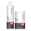 Produtos de tratamento capilar Néctar do Brasil: frasco branco de shampoo e máscara, ambos com rótulos vermelhos destacando "Super Força" e informações sobre a fórmula.