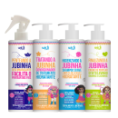 Quatro frascos de produtos de beleza da marca Widi Care, incluindo um desembaraçante, um condicionador hidratante, um shampoo suave e um creme de pentear. Cada frasco possui rótulos coloridos com ilustrações e informações sobre os benefícios dos produtos.
