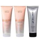 Conjunto de produtos de cuidados capilares da marca K.pro, incluindo shampoo, condicionador em embalagens de plástico nas cores rosa e branco. Também conta com tubo de acidificante pH Balance.