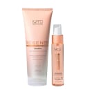 Conjunto de produtos de cuidados capilares da marca K.pro, incluindo shampoo e óleo em embalagens de plástico e vidro nas cores rosa e branco.