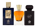 Três frascos de perfumes árabes: Thahaani em frasco azul escuro, Special Oud em frasco dourado e Al Layl em frasco preto, com rótulos e embalagens em estilo árabe.