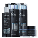 A imagem mostra quatro produtos de cuidados capilares da marca Truss. Há um frasco de leave-in, um de shampoo, um de condicionador e um pote com máscara capilar. Todas as embalagens são pretas e trazem detalhes em azul claro.