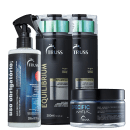 A imagem mostra um shampoo, um condicionador, uma máscara capilar e um tratamento capilar. Todos os itens possuem embalagens pretas elegantes e destacam o nome da marca Truss em suas embalagens, transmitindo uma imagem sofisticada.