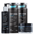 A imagem mostra um shampoo, um condicionador, um sérum noturno e uma máscara capilar da marca Truss. Todos os produtos apresentam rótulos pretos elegantes com detalhes em branco e um toque de cor turquesa.