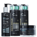 A imagem mostra uma linha de produtos para cuidados com os cabelos da marca Truss. Todos os produtos têm embalagens pretas e a logomarca da marca Truss em destaque.