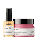 A imagem mostra um óleo capilar e uma máscara capilar. O óleo possui um frasco transparente de 30ml com aplicador spray e o líquido dourado. Já a máscara capilar vem em um pote de 250g rosa com a tampa preta.