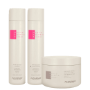 A imagem mostra kit do shampoo e condicionador Nutri Restore de 300ml cada em dois frascos cilíndricos brancos com detalhes em rosa; e máscara Repair Mask de 300g em um pote branco com detalhes em cinza, todos da marca MAB by Alfaparf Milano.