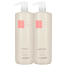 A imagem mostra kit do shampoo e condicionador da linha Blonde Rescue de 1 litro cada, da marca MAB by Alfaparf Milano. Os frascos têm um formato cilíndrico alongado e são de cor branca com logotipo rosa. Traz indicação para proteção de fios louros.