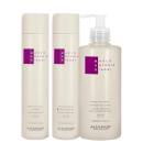 A imagem mostra kit com shampoo e condicionador de 300ml e ativador de cachos de 385g da linha Brazilian Curls da MAB by Alfaparf Milano. Os frascos são brancos com detalhes na cor roxa e trazem o texto indicativo cachos definidos e hidratados.