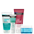 A imagem mostra um kit com quatro produtos da marca Neutrogena. Um gel de limpeza e um protetor solar facial, ambos com embalagem branca e verde, uma loção hidratante com embalagem branca e vermelha e um hidratante facial com embalagem azul e tampa branca