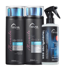 A imagem mostra três produtos da marca TRUSS, com dois frascos pretos de shampoo e condicionador da linha Miracle, com detalhes em azul e rosa claro, e do lado direito, um borrifador plástico preto com fundo azulado.