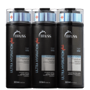 A imagem mostra três frascos de produtos da marca TRUSS. São dois frascos de shampoo e um de condicionador da linha Ultra Hydration Plus. As embalagens trazem o nome da marca, linha, volumetria e ativos da fórmula.
