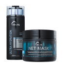 A imagem tem dois produtos de marca TRUSS. Um frasco plástico grande preto, de shampoo, com o logo da marca acima e nome da linha na lateral esquerda. A máscara apresenta um pote grande preto arredondado, com fundo azul, marca e nome da linha em destaque.