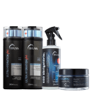 A imagem mostra 4 frascos da marca TRUSS. São dois frascos grandes, da linha Ultra Hydration Plus, com embalagens com nome da marca, linha, volumetria e ativos da fórmula, um borrifador plástico preto com fundo azulado e um frasco pequeno preto redondo.