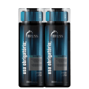 A imagem mostra dois frascos de shampoo da marca Truss, modelo "Uso Obrigatório". Os frascos são de cor azul marinho e azul claro, com o logotipo da marca em branco. Eles têm 300ml de capacidade.