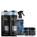 A imagem mostra produtos capilares da marca Truss. Há dois frascos pretos de shampoo e condicionador da linha "Ultra Hydration Plus". Também há um reconstrutor capilar, o "Uso Obrigatório" e uma máscara capilar da linha "Miracle".