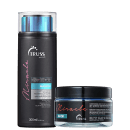 A imagem mostra dois produtos da marca de cosméticos Truss para cuidados capilares. O primeiro é um shampoo da linha "Miracle" que vem em uma embalagem preta com detalhes rosa. O outro produto é uma máscara de tratamento da mesma linha.