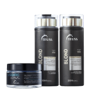 A imagem mostra uma linha de produtos para cuidados capilares da marca Truss. Há três itens: 

1- Shampoo Blond
2- Condicionador Blond
3- Máscara Specific Mask