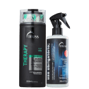 A imagem mostra dois produtos da marca Truss para cuidados capilares. O primeiro é um shampoo chamado "Therapy", para controle da caspa e queda. O segundo é o "Uso Obrigatório", com função de nutrir, reconstruir e adicionar elasticidade aos fios.