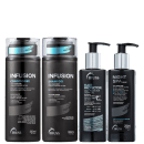 A imagem mostra uma coleção de produtos para cuidados capilares da marca Truss. Há dois frascos de Condicionador Infusion e Shampoo Infusion. Também estão presentes um Hair Protector e um Serum Night Spa.