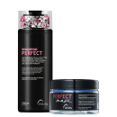 A imagem mostra dois produtos de cuidados capilares da marca Truss. O primeiro é um shampoo chamado "Shampoo Perfect".
O segundo é uma máscara de tratamento chamada "Perfect Mask", que vem em um pote transparente.