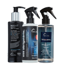 A imagem mostra três produtos da Truss: "Night Spa Serum" vegano para hidratação e brilho, "Usar Reconstrutor" para flexibilidade e antiemborrachamento, e "Frizz Zero Liquid Mask" para brilho e selamento. Todos têm embalagens com bombas dosadoras.