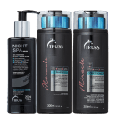 A imagem mostra uma linha de produtos da marca Truss. São eles:
1. Shampoo Miracle
2. Condicionador Miracle
3. Sérum Capilar Night Spa