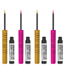 A imagem mostra quatro embalagens de delineadores líquidos da Maybelline. São dois frascos de uma cor amarelada, chamada "Drop", e dois frascos de uma cor rosada, chamada "Punch".