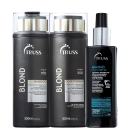 A imagem mostra três produtos Truss. Os dois primeiros são um shampoo e um condicionador da linha Blond, destinados a cabelos loiros, descoloridos ou grisalhos. O terceiro é um leave-in que promete hidratação, desembaraçamento e proteção térmica.