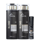 Na imagem um shampoo e um condicionador para cabelos loiros, ambos de 300ml, em embalagens pretas com detalhes prateados. Além disso, há um óleo reparador de 45ml.