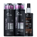 A imagem mostra três produtos de tratamento capilar da marca Truss. São dois frascos grandes pretos contendo shampoo e condicionado. Há também uma embalagem menor de um leave-in protetor diário chamado "Day by Day".