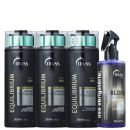 A imagem mostra produtos da Truss: São dois shampoos e um condicionador Equilibrium e um reconstrutor "Uso Obrigatório Blond".