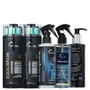 A imagem mostra produtos da Truss: São um shampoo e um condicionador Equilibrium, um tratamento "Frizz Zero", um  reconstrutor "Uso Obrigatório" e um sérum de tratamento "Night SPA".