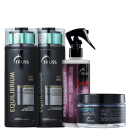 A imagem mostra produtos da Truss: São dois shampoos e um condicionador Equilibrium, uma máscara "Specific" e um reconstrutor "Uso Obrigatório Plus".