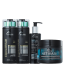 A imagem mostra produtos da Truss: São dois shampoos e um condicionador Equilibrium, um protetor térmico "Hair Protector" e uma máscara "Net Mask".