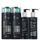 A imagem mostra produtos da Truss: São dois shampoos e um condicionador Equilibrium, um sérum de tratamento "Night SPA" e um protetor térmico "Hair Protector".
