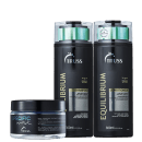 A imagem mostra três produtos de cuidados capilares da marca Truss. Os dois primeiros são um shampoo e um condicionador da linha Equilibrium. Já o terceiro produto é uma máscara capilar "Specific Mask"