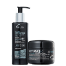 A imagem mostra dois produtos de cuidados capilares da marca Truss. O primeiro é o  "Hair Protector". O segundo produto é uma máscara capilar chamada "Net Mask".
