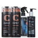 A imagem mostra produtos da marca TRUSS. Há dois frascos de shampoo e condicionador Curly 300ml com rótulos pretos e detalhes em laranja. Também há os frasco do Hair Protector 250ml e do Uso Obrigatório 236ml na cor preta com detalhes em azul.