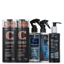 A imagem mostra shampoo e condicionador TRUSS Curly, frascos pretos com rótulos em laranja e branco. Também há a máscara líquida Frizz Zero, o leave-in Hair Protetctor e o Tratamento Uso Obrigatório. As cores predominantes são azul e preto.