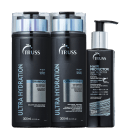 A imagem mostra Shampoo e Condicionador Ultra Hydration 300ml e o leave-in Hair Protector 250ml, da marca TRUSS. Os frascos são pretos com detalhes em azul e prata.