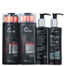 A imagem mostra quatro produtos de cuidados capilares da marca TRUSS: shampoo e condicionador Miracle Summer,  sérum noturno Night Spa e leave-in Hair Protector. As embalagens são pretas com detalhes em azul, prata e laranja.