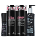 A imagem mostra produtos para cabelo da marca TRUSS: shampoo e condicionador "Perfect", de 300ml. Ao lado, há o leave-in "Hair Protector" de 250ml e o sérum Gloss Shine de 90ml. Todos possuem embalagem na cor preta,