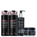 A imagem mostra produtos para cabelos da marca TRUSS: shampoo e condicionador Perfect de 300ml cada, leave-in Hair Protector 250ml e a Perfect Mask 180g. Os produtos apresentam embalagens pretas, com detalhes em rosa e azul.